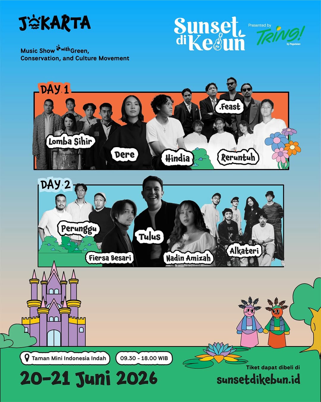 🎉 Line Up Sunset di Kebun Jakarta 🎉 ini dia musisi yang akan nemenin kita piknik di Sunset di Kebun Jakarta!🔥 Gimana-gimana? Ada artis favorit kalian kannn?🤩🙌 🗓️ 20-21 Juni 2026 📍 Taman Mini Indah Indonesia, Jakarta Sebelum keabisan, mending amanin tiket kalian sekarang! Karna tiket kuota terbatas🙌 🎟️ sunsetdikebun.id Yuk follow @tangkab_ambyarr untuk informasi update seputar konser musik.